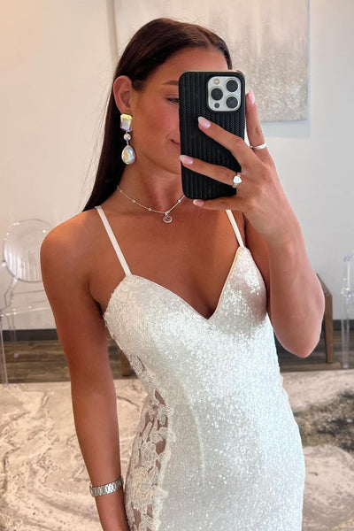 White V Neck Mermaid Sequins Long Prom Dresses with Appliques MD4010701