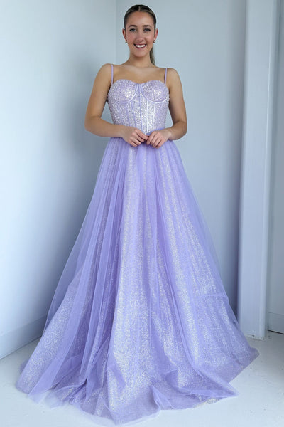 A-Line Sweetheart Lilac Sequins Tulle Long Prom Dresses DM25101602