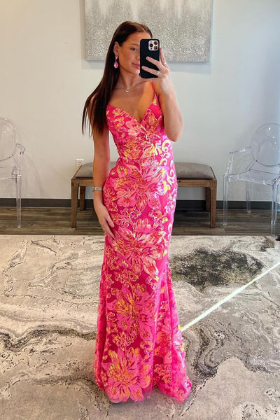 Cute V Neck pINK Sequins Mermaid Long Prom Dress MD4032701