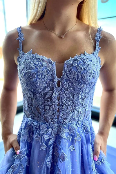 Periwinkle Tulle Appliques Lace-Up A-Line Long Prom Dress MD102910