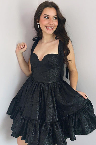 Black Glitter Satin Short Homecoming Dresses with Bow Straps DM24081018