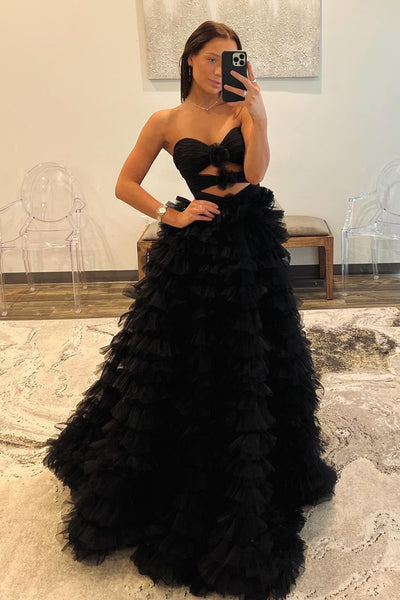 Black Sweetheart Ruffle Tiered Tulle Long Prom Dress with Slit MD4022301