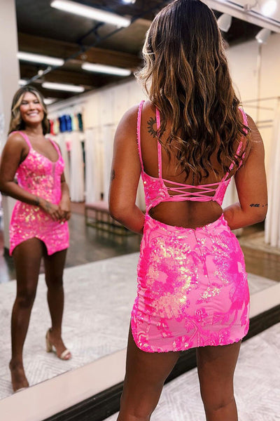 Cute Bodycon V Neck Pink Sequins Short Homecoming Dress MD083008