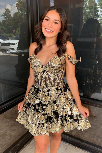 Gold Sequin Lace Off the Shoulder Short Tiered Homecoming Dresses DM24080902