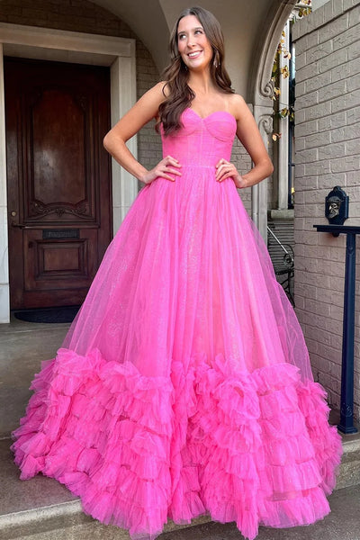 Fuchsia Strapless Ruffle A-Line Long Prom Dress MD122503