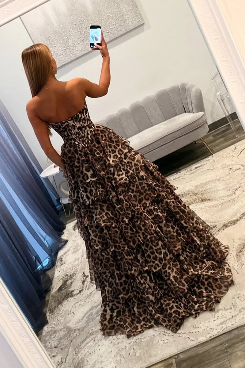 A Line Sweetheart Leopard Tiered Slit Prom Dress with Appliques DM1501 Dressmeet A Line Sweetheart Leopard Tiered Slit Prom Dress with Appliques DM1501 Dressmeet