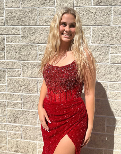 Charming Mermaid Scoop Neck Champagne Sequins Long Prom Dresses With Beading