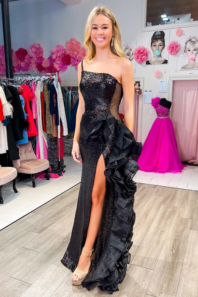 Charming Sheath One Shoulder Black Sequin Long Prom Formal Dress with Slit