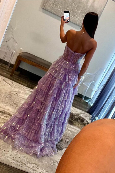 Cute A Line Sweetheart Lavender Sequins Tulle Long Prom Dresses with Split