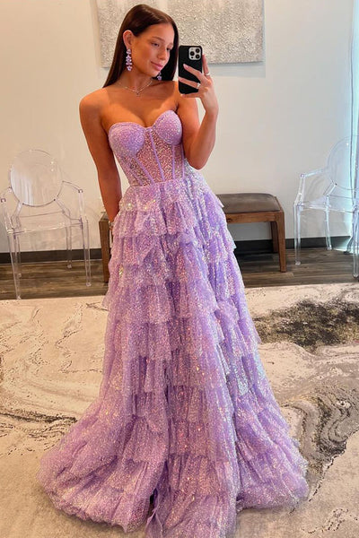 Cute A Line Sweetheart Lavender Sequins Tulle Long Prom Dresses with Split