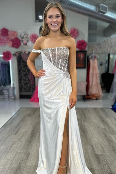 Charming Mermaid Strapless White Satin Long Prom Dresses