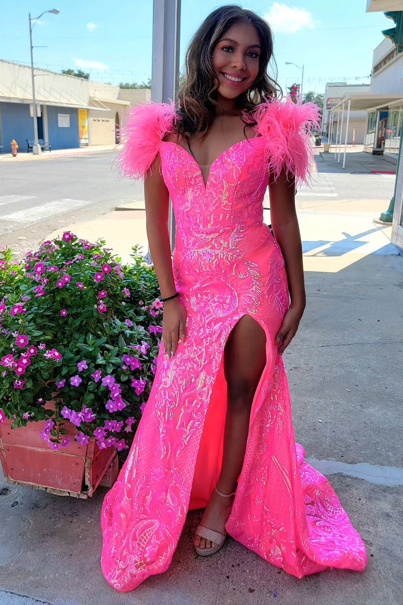 Sweet Mermaid Off the Shoulder Hot Pink Sequins Lace Long Prom Dress with Slit DM090707 Dressmeet Sweet Mermaid Off the Shoulder Hot Pink Sequins Lace Long Prom Dress with Slit DM090707 Dressmeet