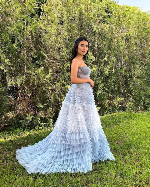 A-Line Sweetheart Tiered Ruffled Tulle Long Prom Dresses MD103101