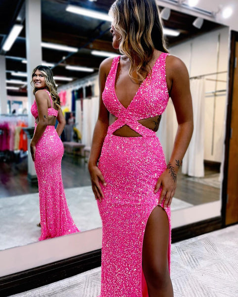 Hot Pink V Neck Sequins Mermaid Long Prom Dress with Slit MD121910