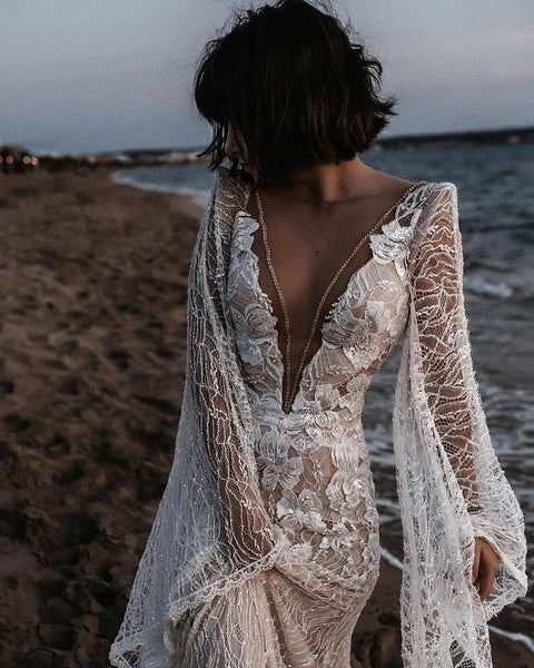 Gorgeous Mermaid Long Sleeve Ivory Lace Wedding Dresses  LD210401