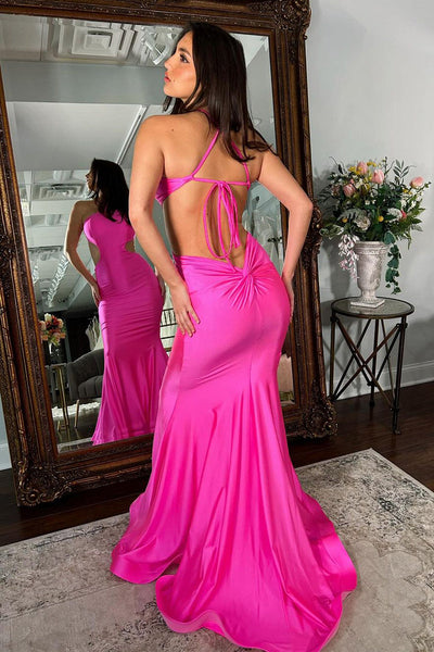 Fuchisa Halter Satin Cutout Mermaid Long Prom Dresses MD4011803