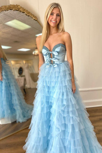 Light Blue Sweetheart Tiered Tulle Long Prom Dress MD122806
