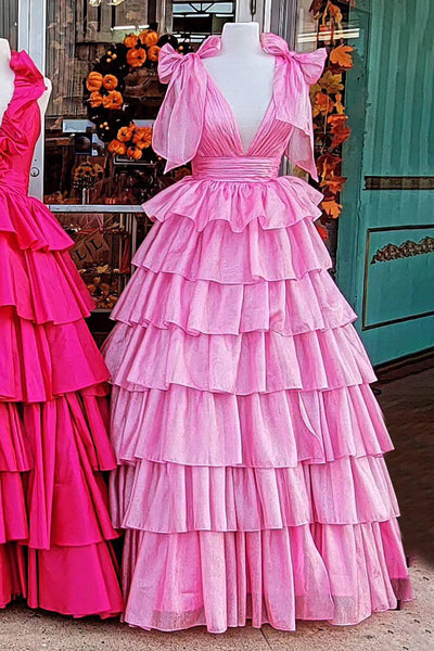 Princess A Line Deep V Neck Pink Prom Dress with Ruffles MD112307