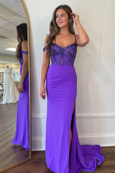 Stylish Mermaid Off the Shoulder Black Corset Prom Dress with Split Front MD112302