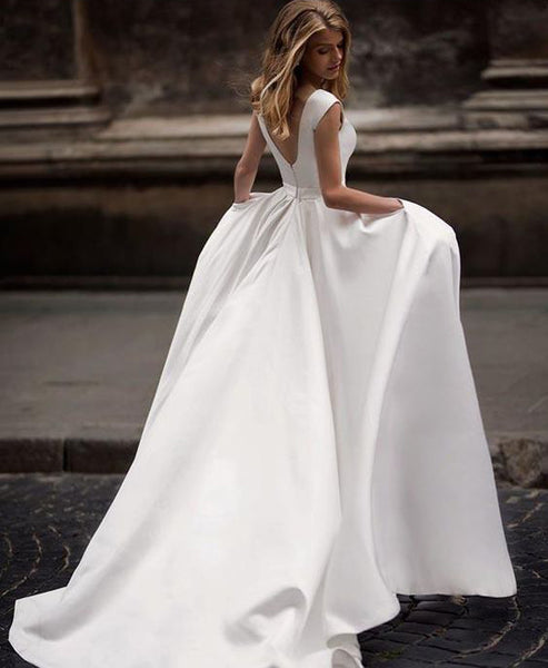 Elegant A-Line Round Neck Satin Wedding Dresses with Pockets LD210403