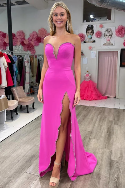Fuchsia Beaded Strapless Mermaid Long Formal Dress with Slit MD112009