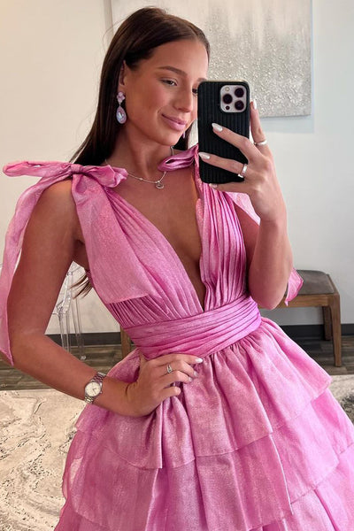 Princess A Line Deep V Neck Pink Prom Dress with Ruffles MD112307