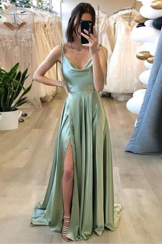 Sage Green Cowl Neck Satin Long Prom Evening Dresses with Side Slit DM Sage Green Cowl Neck Satin Long Prom Evening Dresses with Side Slit DM