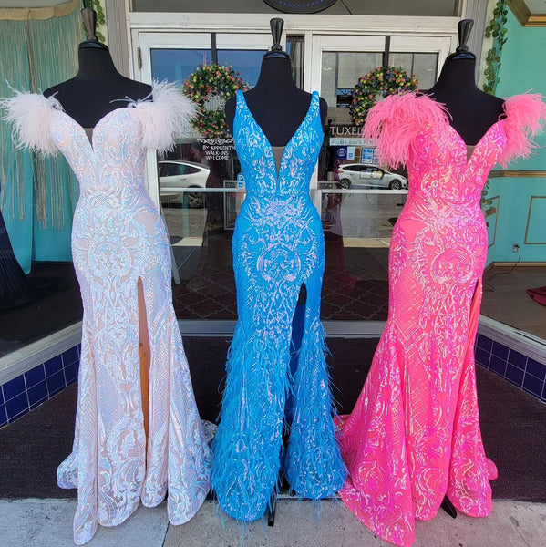 Sweet Mermaid Off the Shoulder Hot Pink Sequins Lace Long Prom Dress with Slit DM090707