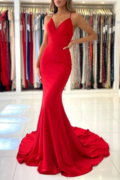 Exquisite Red Spaghetti Straps Sleeveless Mermaid Satin Prom Dresses LD210309