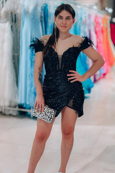 Glittering Sheath Off the Shoulder Black Short Homecoming Dress with Feather MD091305