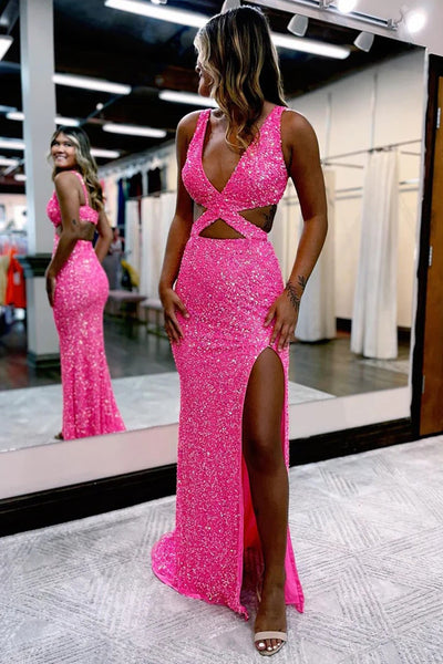 Hot Pink V Neck Sequins Mermaid Long Prom Dress with Slit MD121910