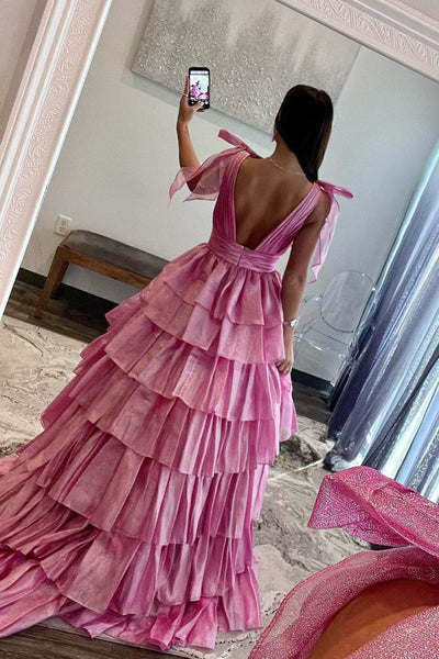Princess A Line Deep V Neck Pink Prom Dress with Ruffles MD112307