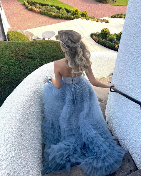 A-Line Sweetheart Tiered Ruffled Tulle Long Prom Dresses MD103101