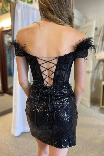 Bodycon Off the Shoulder Black Corset Homecoming Dress with Feather MD091308