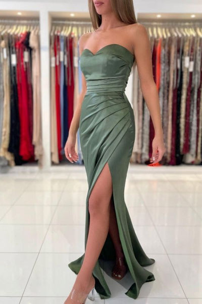 Simple Green Strapless Sleeveless Mermaid Elastic Satin Floor-Length Prom Dresses LD210310