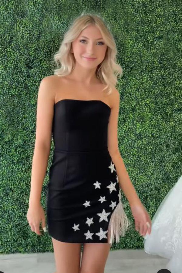 Cute Bodycon Strapless Black Satin Homecoming Dresses with Beading Stars Y2918 main image 0