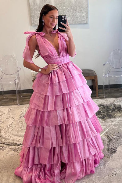 Princess A Line Deep V Neck Pink Prom Dress with Ruffles MD112307