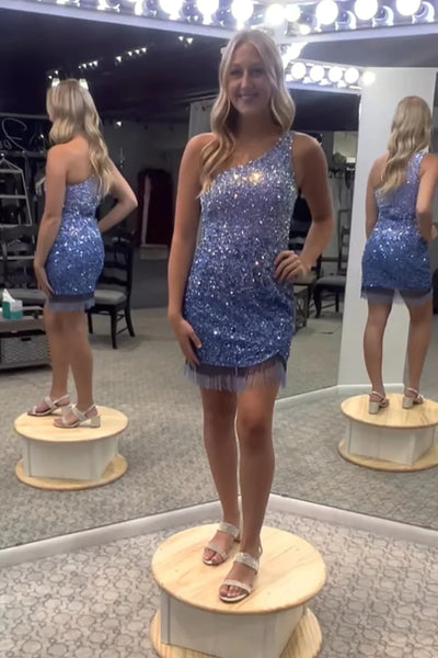 Sparkly Blue Sequined One Shoulder Tight Short Homecoming Dress with Fringes MD091705