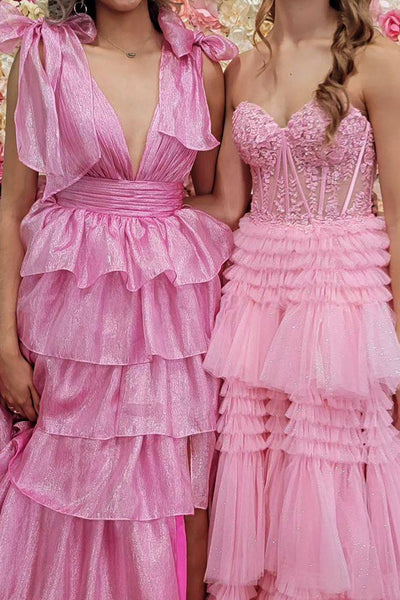 Princess A Line Deep V Neck Pink Prom Dress with Ruffles MD112307