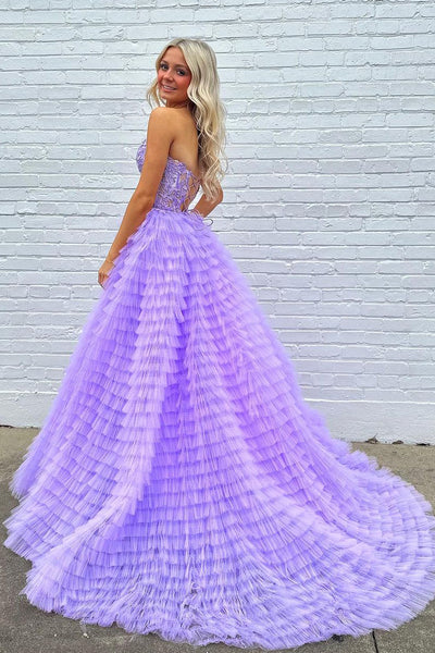 A-Line Sweetheart Ruffle Tiered Tulle Long Prom Dress MD4021504