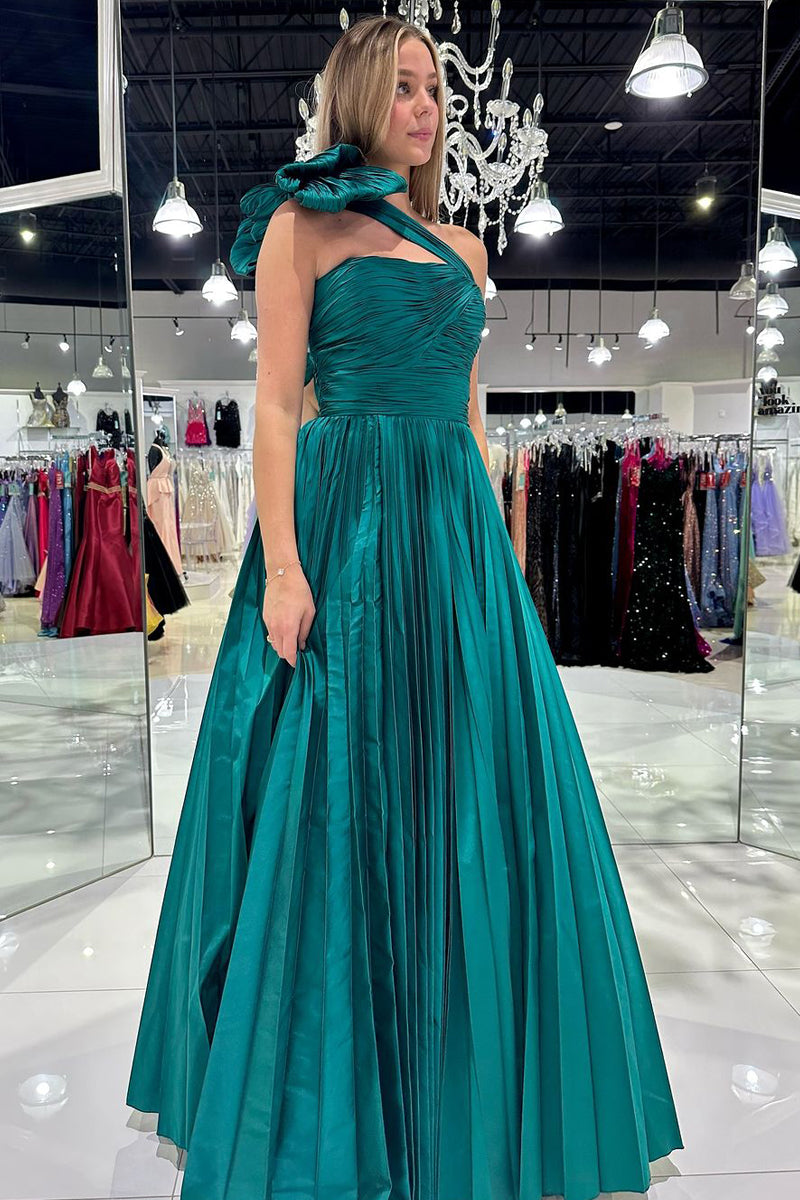 A-Line One Shoulder Green Pleated Long Prom Dress with Bow MD4053101