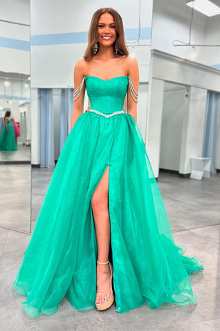 Chic Green Organza Beaded Straps Long Prom Dress MD4053103