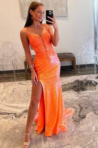 Orange Mermaid V Neck Sequin Lace Long Prom Dresses with Slit DM091304