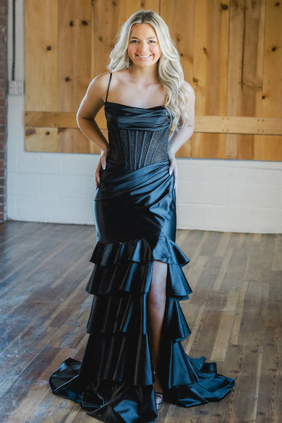 Cute Mermaid Spaghettis Straps Black satin Long Prom Dress with Slit DM16021101