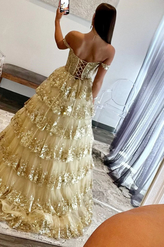 Off-the-Shoulder Gold-Sequin Ruffle Multi-Layer Long Gown MD102909 Dressmeet Off-the-Shoulder Gold-Sequin Ruffle Multi-Layer Long Gown MD102909 Dressmeet