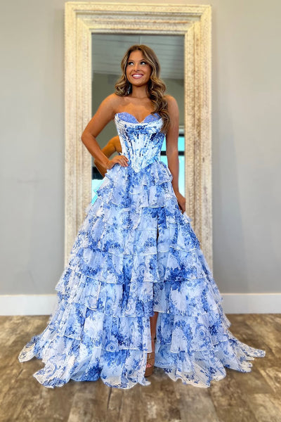 Cute A Line Sweetheart Blue White Floral Printed Chiffon Tiered Prom Dress with Slit DM250113