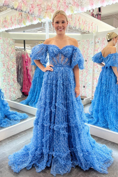 Blue A-Line Corset Long Tulle Floral Prom Dress with Ruffles DM3082813