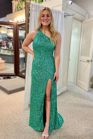 Green Sequins One Shoulder Mermaid Long Prom Dress MD4010910