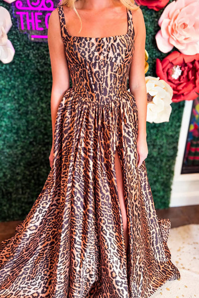 A-Line Square Neck Leopard Print Long Prom Dresses with Slit DM16021509
