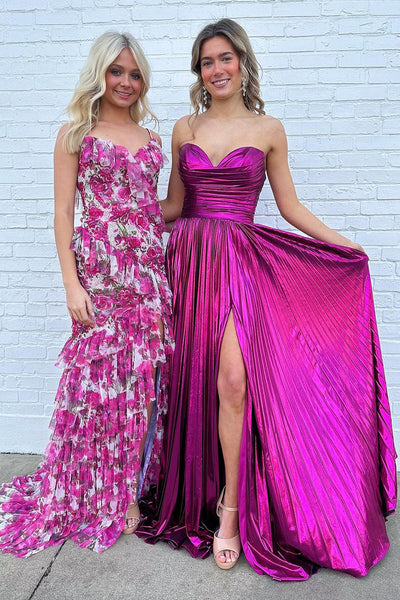Pink Floral Printed Ruffle Mermaid Long Prom Dresses MD4030901